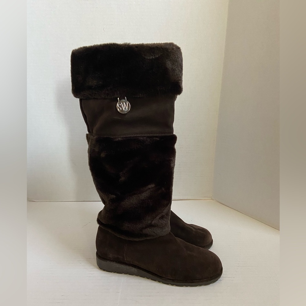 Stuart Weitzman Boots Suede Womens Fur Snow Booties Leather Brown Size 7.5 Cold
